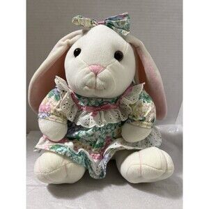 VTG 90’s Velveteen Rabbit Easter Bunny Stuffed Plush Florals Girl Bow READ
